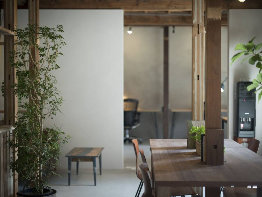 Un'area pranzo moderna con un tavolo di legno, sedie e piante in vaso.
