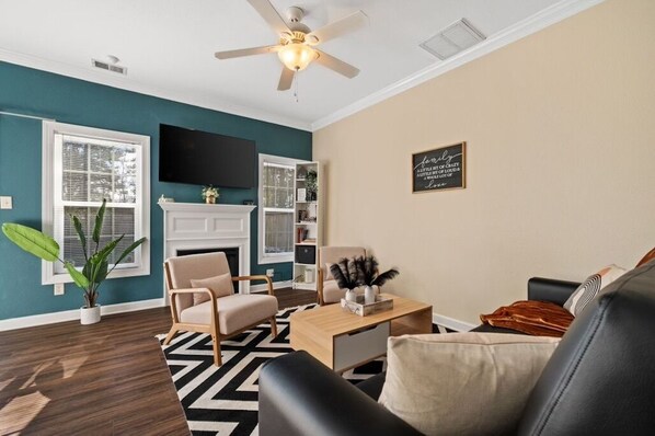 Smart TV, fireplace, books