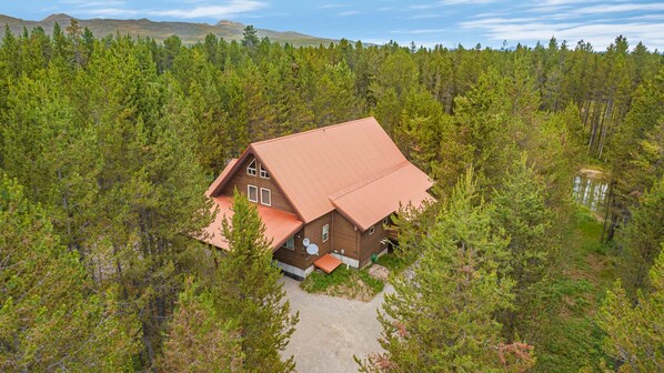 A cabin surrounded by dense forest with a red roof and a gravel driveway.