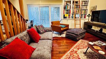 TV connectée, cheminée, livres