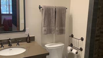 Une salle de bain équipée d’un lavabo, de toilettes et d’un espace douche.