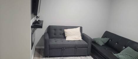 Ett vardagsrum med en grå soffa, en svart soffa, en mjuk matta och en TV som är monterad på väggen.