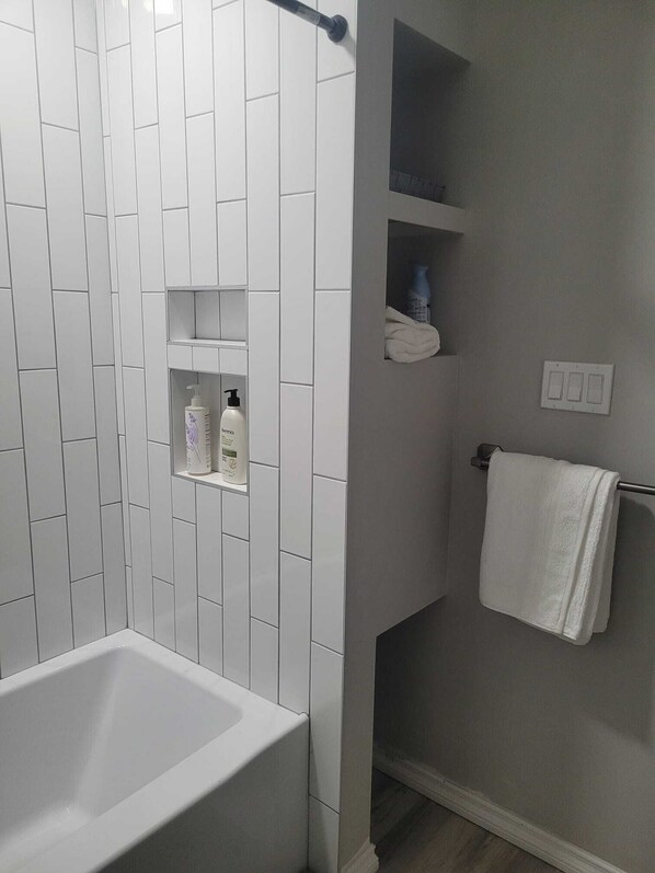 Hair dryer, towels, soap, shampoo