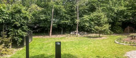 A well-maintained grassy area with a stone border, surrounded by dense trees and a wooden fence.