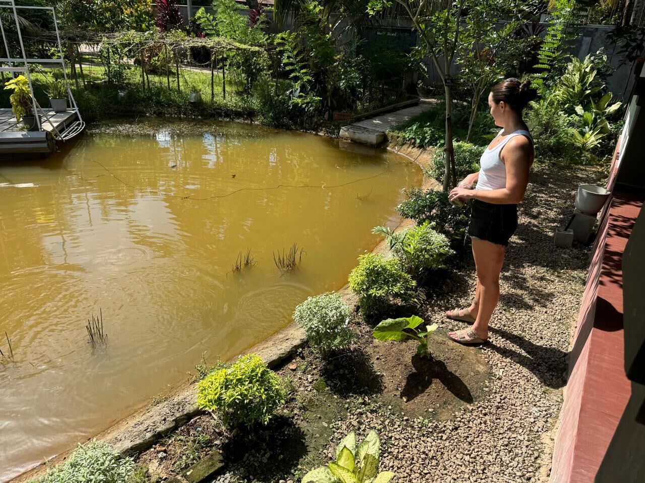 A person standing by a pond with a small boat, surrounded by greenery and a red building.