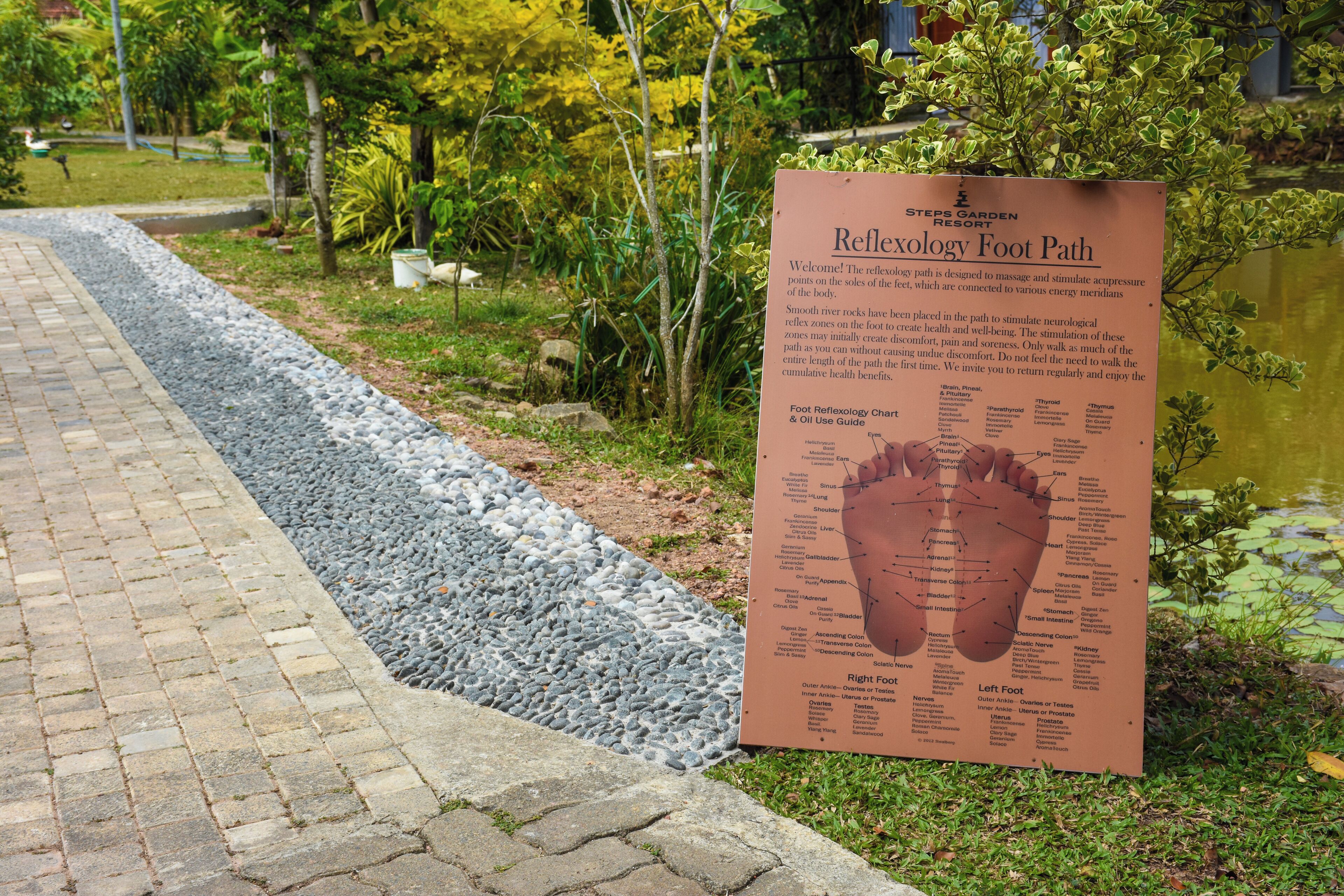 A reflexology foot path sign at a resort.