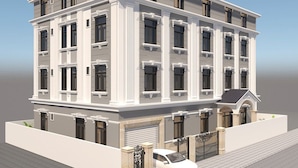 A multi-story building with a symmetrical facade, large windows, and a gated entrance with a parked car. - NEW LAND Apartment - Nam Thong 3  (Ho Chi Minh City)