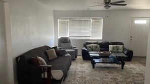 Smart TV, fireplace, books