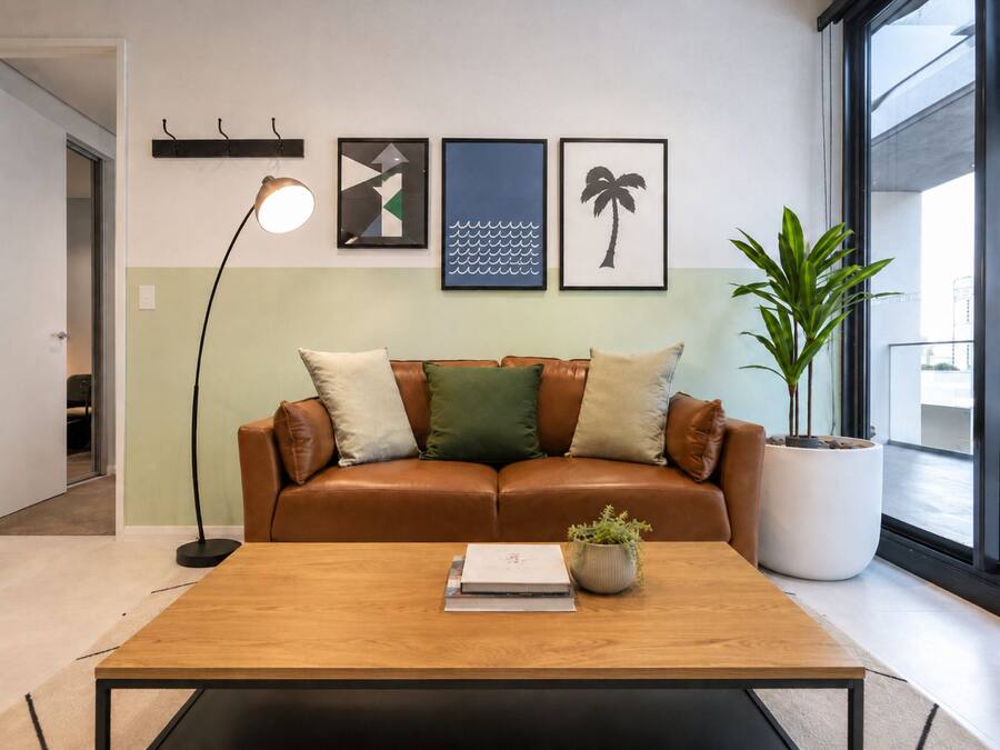 A modern living room with a leather sofa, a coffee table, and a potted plant.