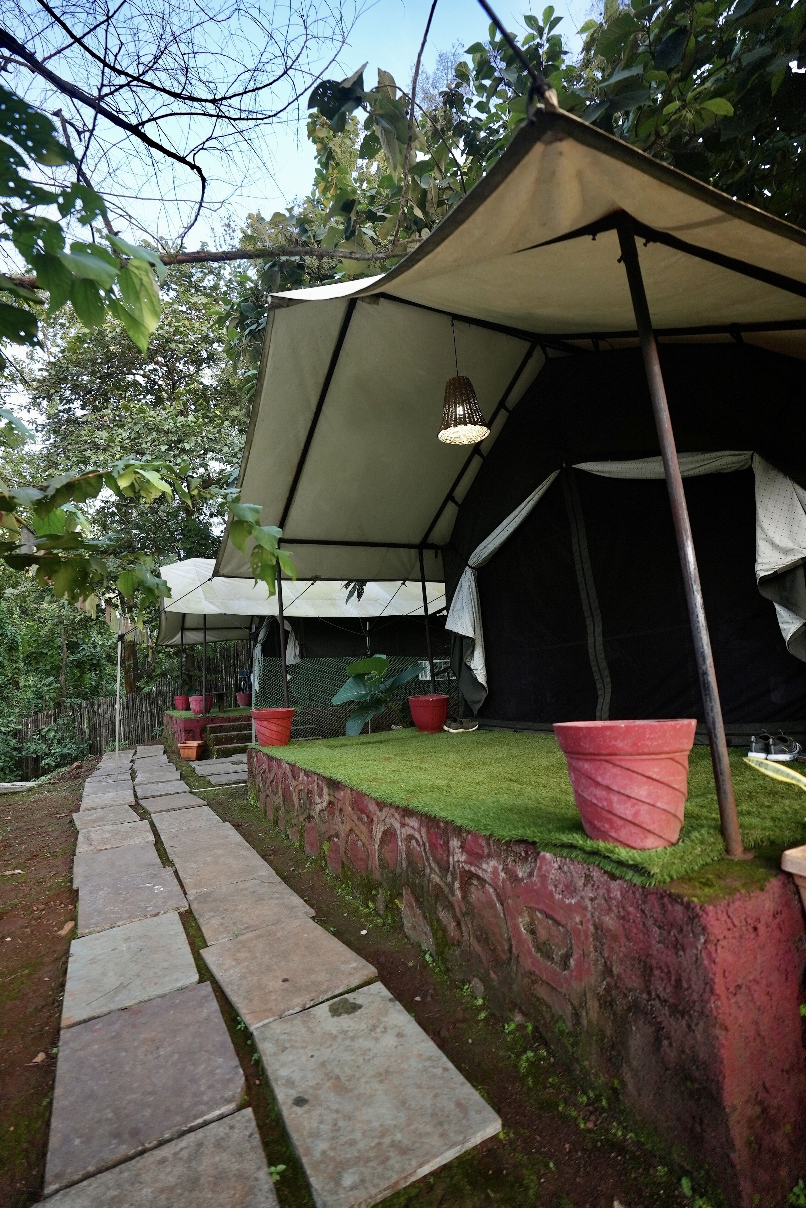 A tented area with a stone pathway leading to it, surrounded by greenery.