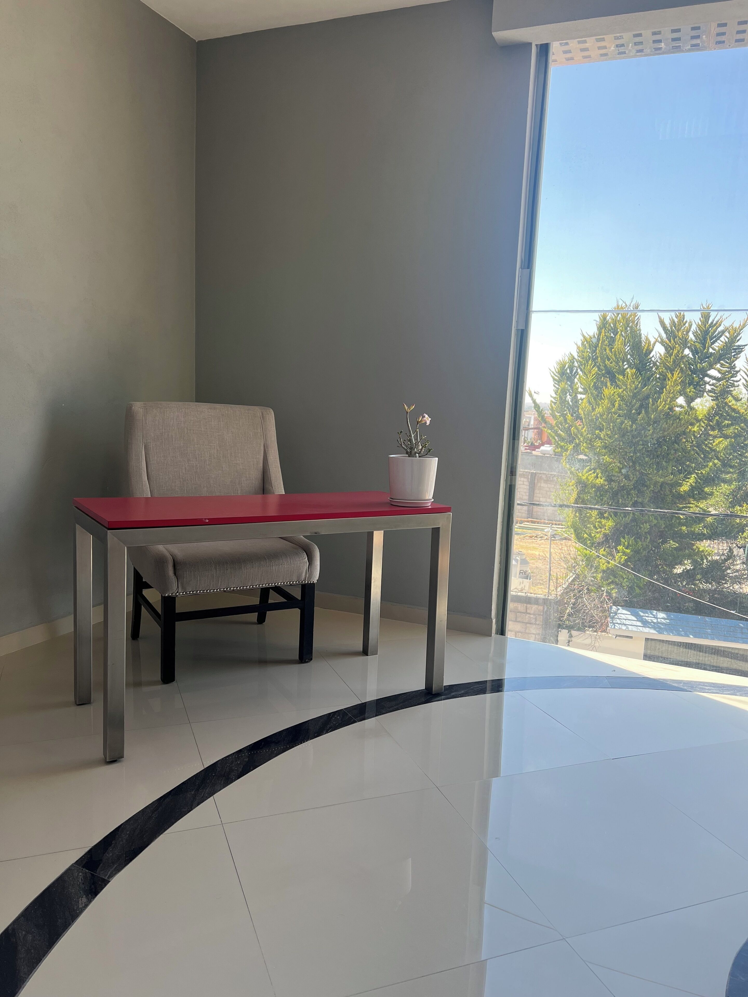 A room with a red table, a beige chair, a potted plant, and a view of trees through a window.