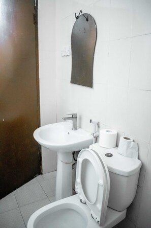 A bathroom with a toilet, sink, and a mirror. - Kilimani kizi lodge (Kizimkazi)