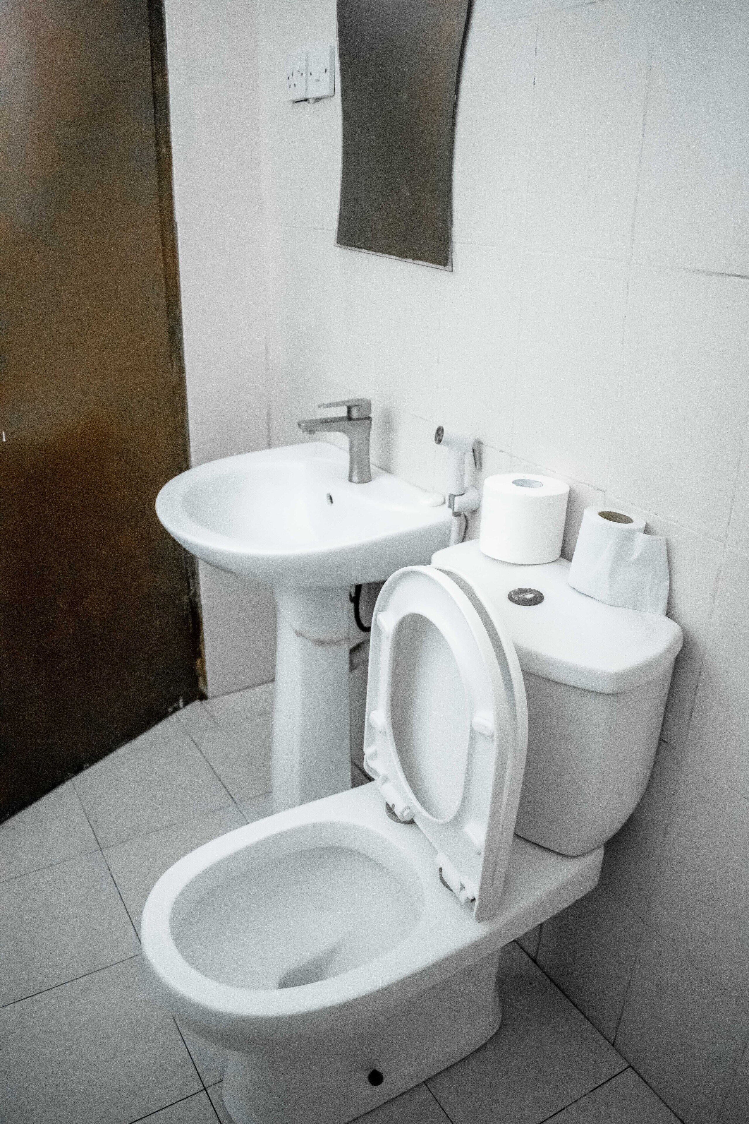 A bathroom with a toilet, sink, and two rolls of toilet paper on the wall.