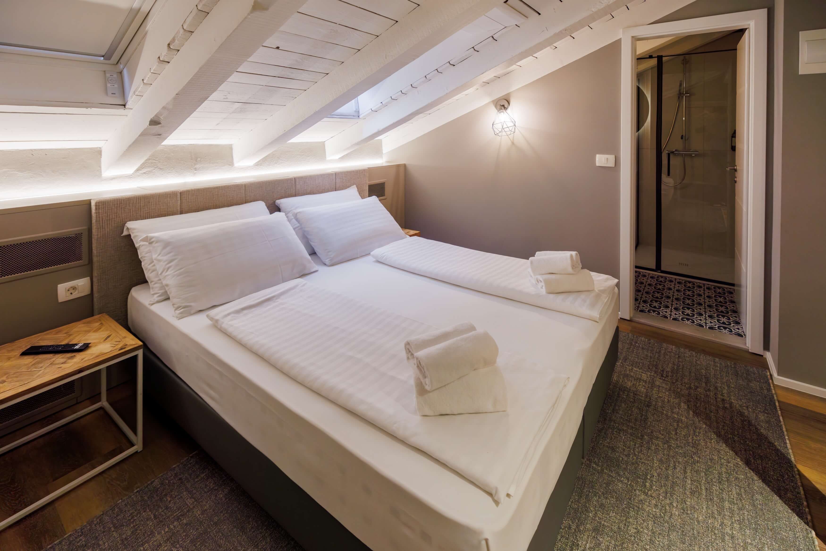 A hotel room with a large bed, a bedside table, a desk, a shower, and a skylight.