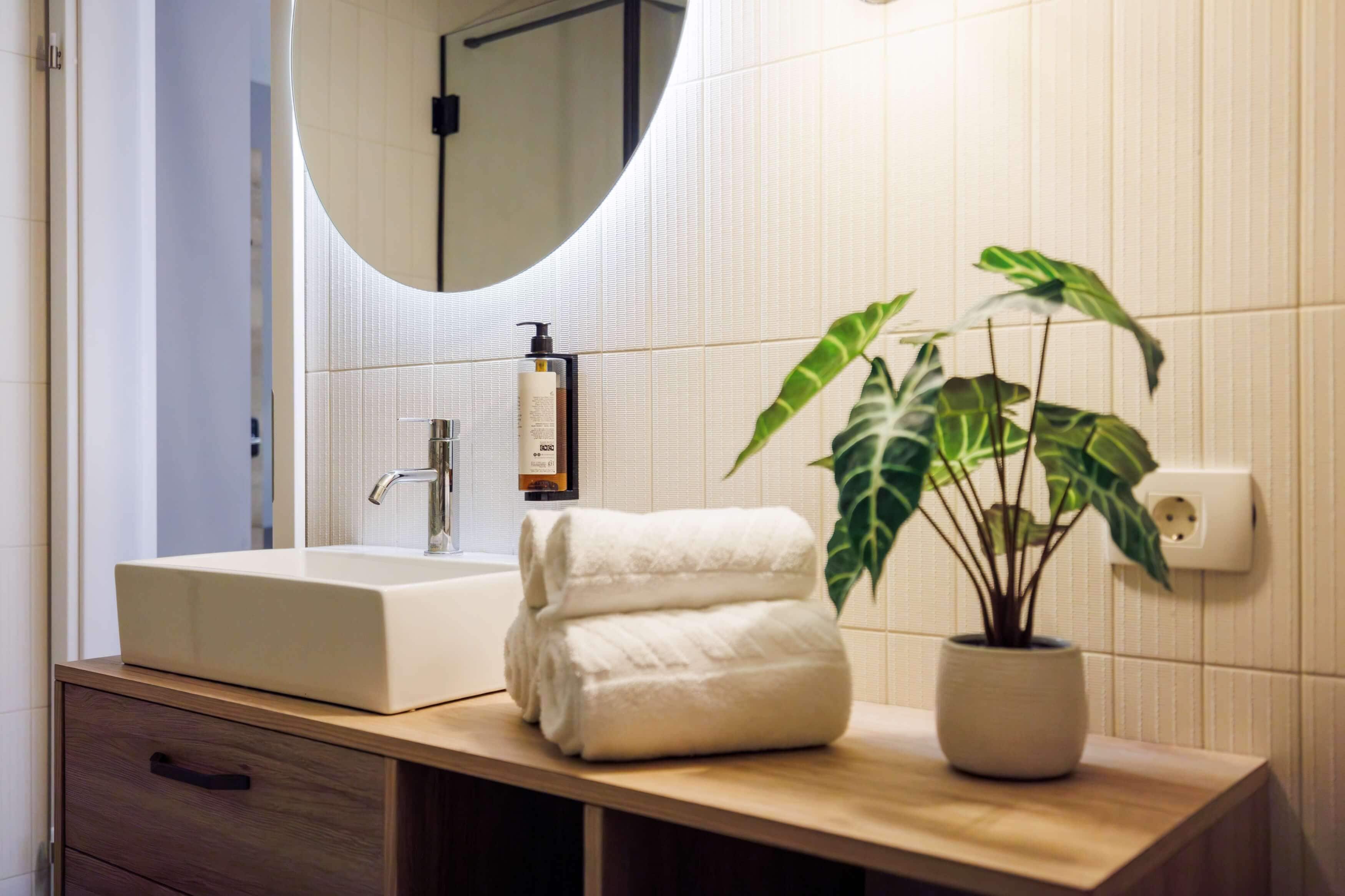 Un baño con lavamanos blanco, espejo, toalla y planta en maceta.