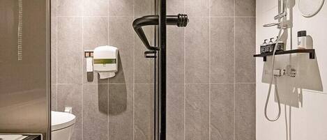 A modern bathroom with a glass shower enclosure, a toilet, and a wall-mounted sink.