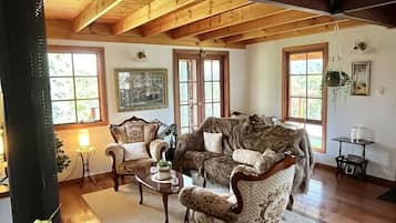 Smart TV, fireplace, DVD player, books