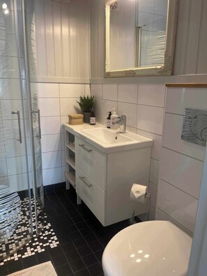 Douche, sèche-cheveux, serviettes fournies, savon