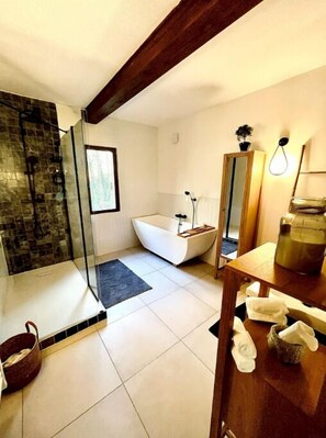 Hair dryer, towels, soap, toilet paper