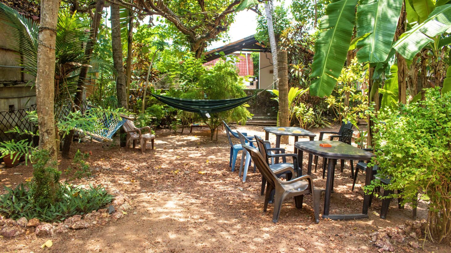 An outdoor patio with tables and chairs, surrounded by lush greenery and trees.