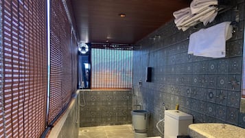 Chuveiro, toalhas de banho, sabonete, shampoo