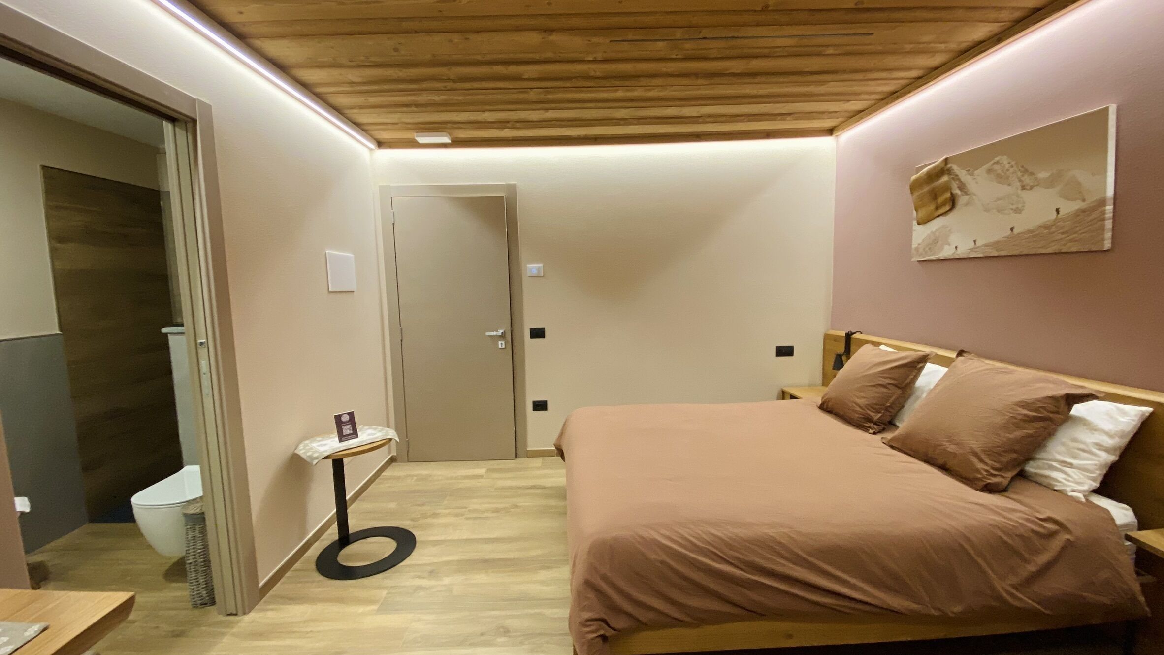 A bedroom with a bed, a bedside table, a nightstand, a wall-mounted artwork, a door, and a toilet.
