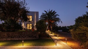 Una casa moderna con un sendero empedrado que lleva a la entrada, rodeada de vegetación y un muro de piedra.
