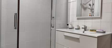 Shower, hair dryer, toilet paper