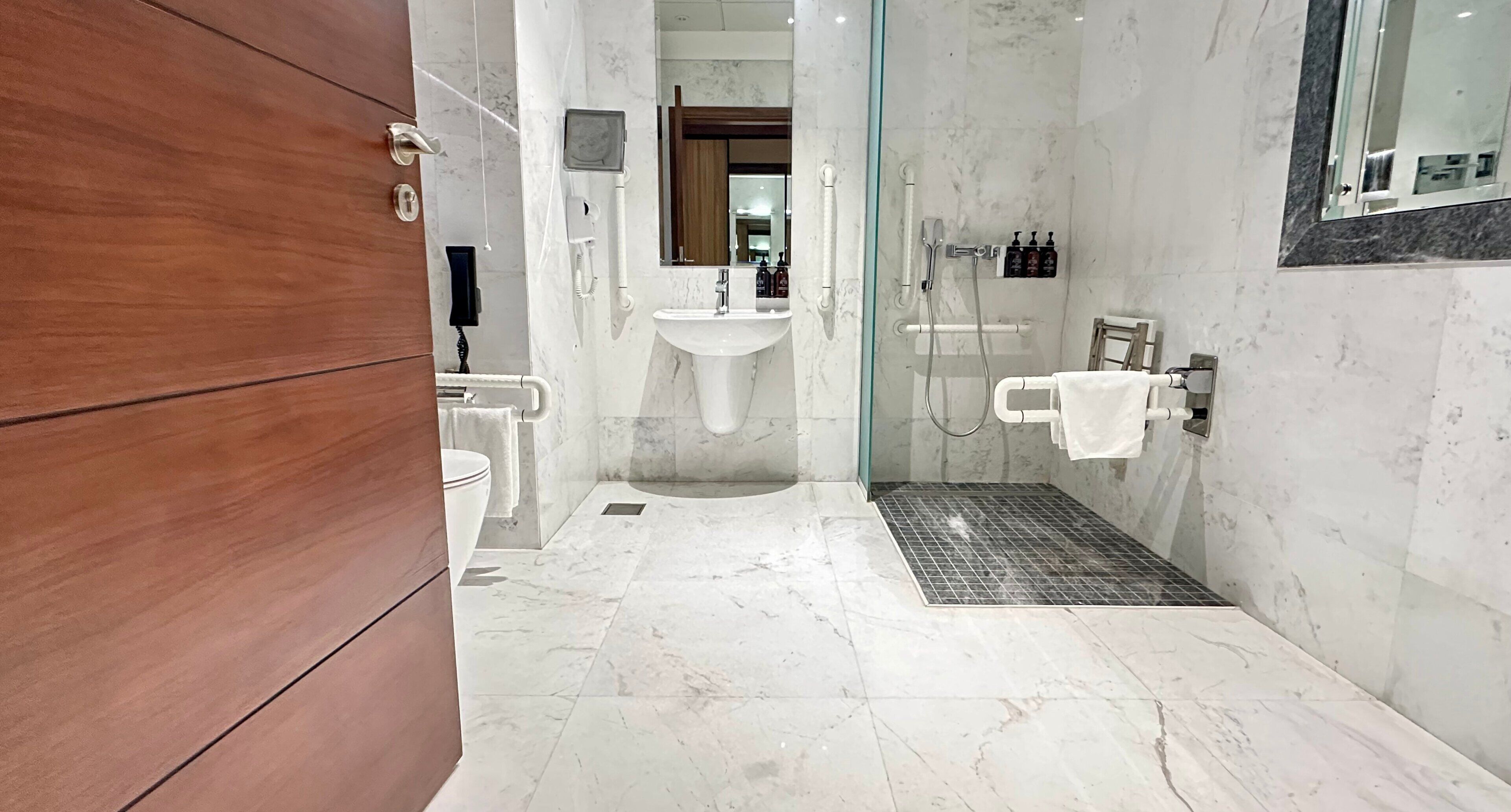 A modern bathroom with a glass-enclosed shower, a sink, and a toilet.