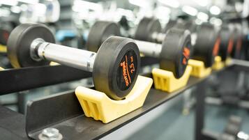 Een rij halters op een rek in een sportschool.