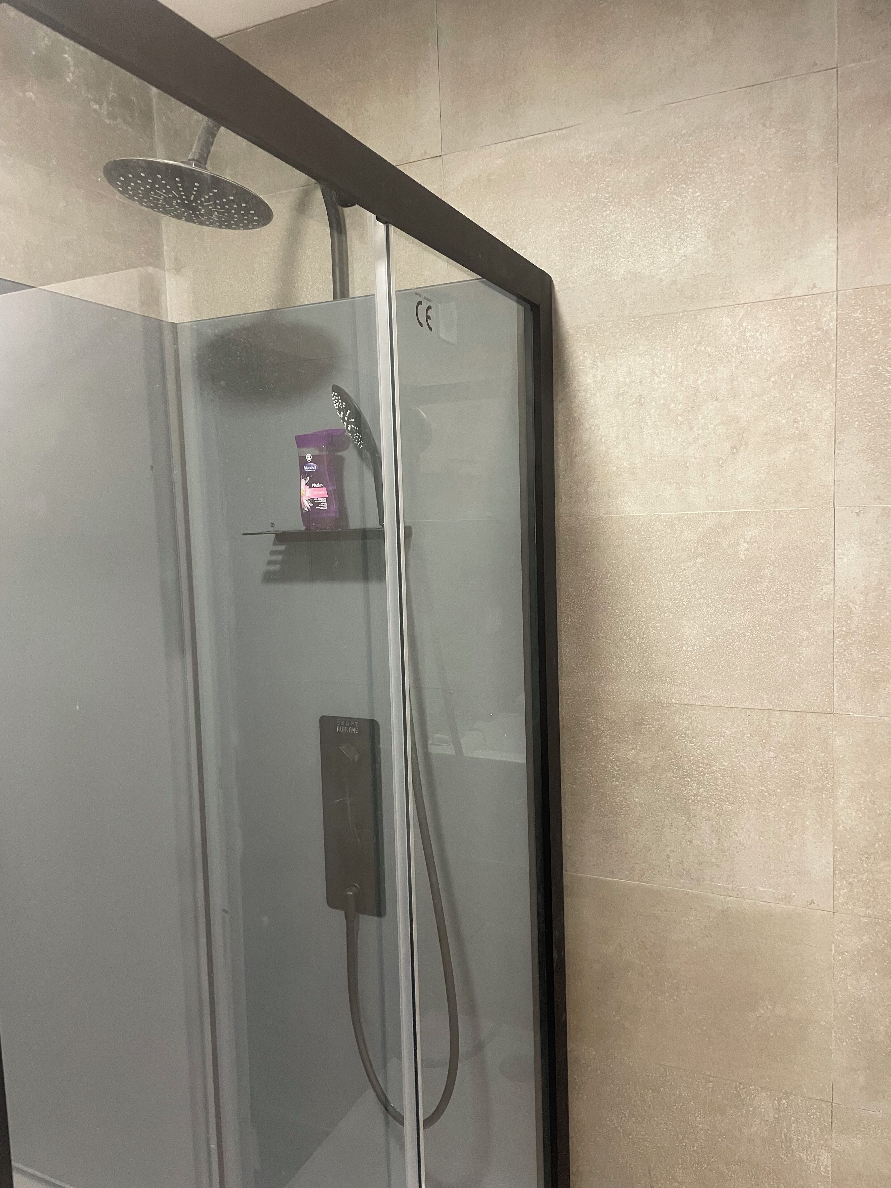 A glass-enclosed shower stall with a handheld showerhead, a handheld massage brush, and a soap dispenser on a shelf.