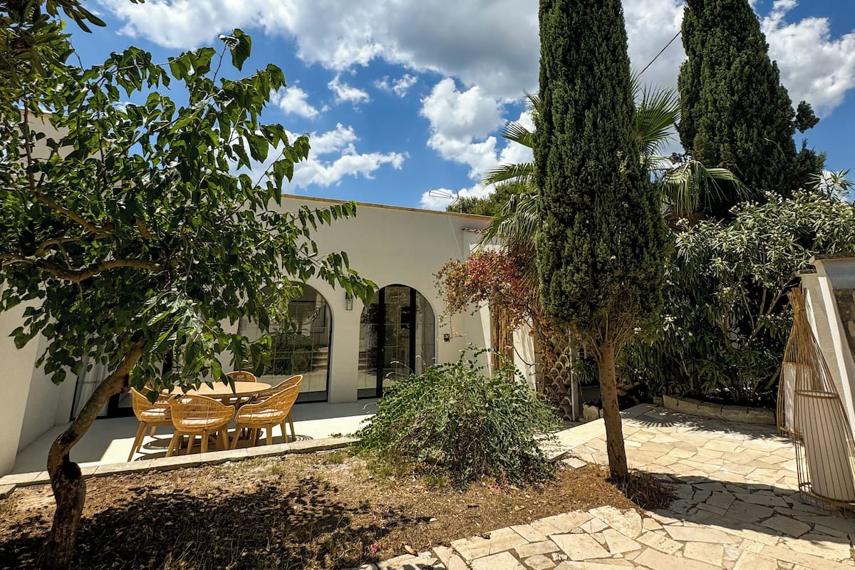 A courtyard with a stone patio, a wooden table and chairs, and tall cypress trees.