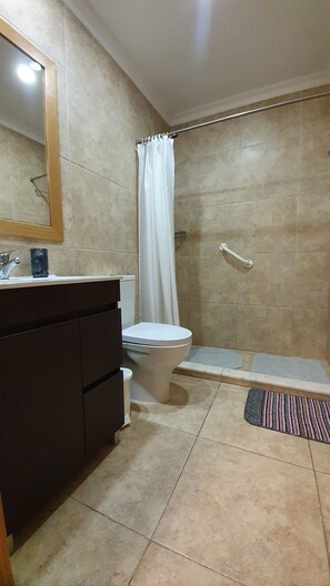 Hair dryer, towels, soap, toilet paper