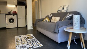 A compact living space with a grey sofa, patterned rug, and a small side table with a decorative item. - Studio Balcon, Centre Ville, Proximité Plages, Commerces, Restaurants, Musées (Antibes)