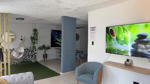 Un salon moderne avec un canapé, un fauteuil bleu, un téléviseur et une plante suspendue.
