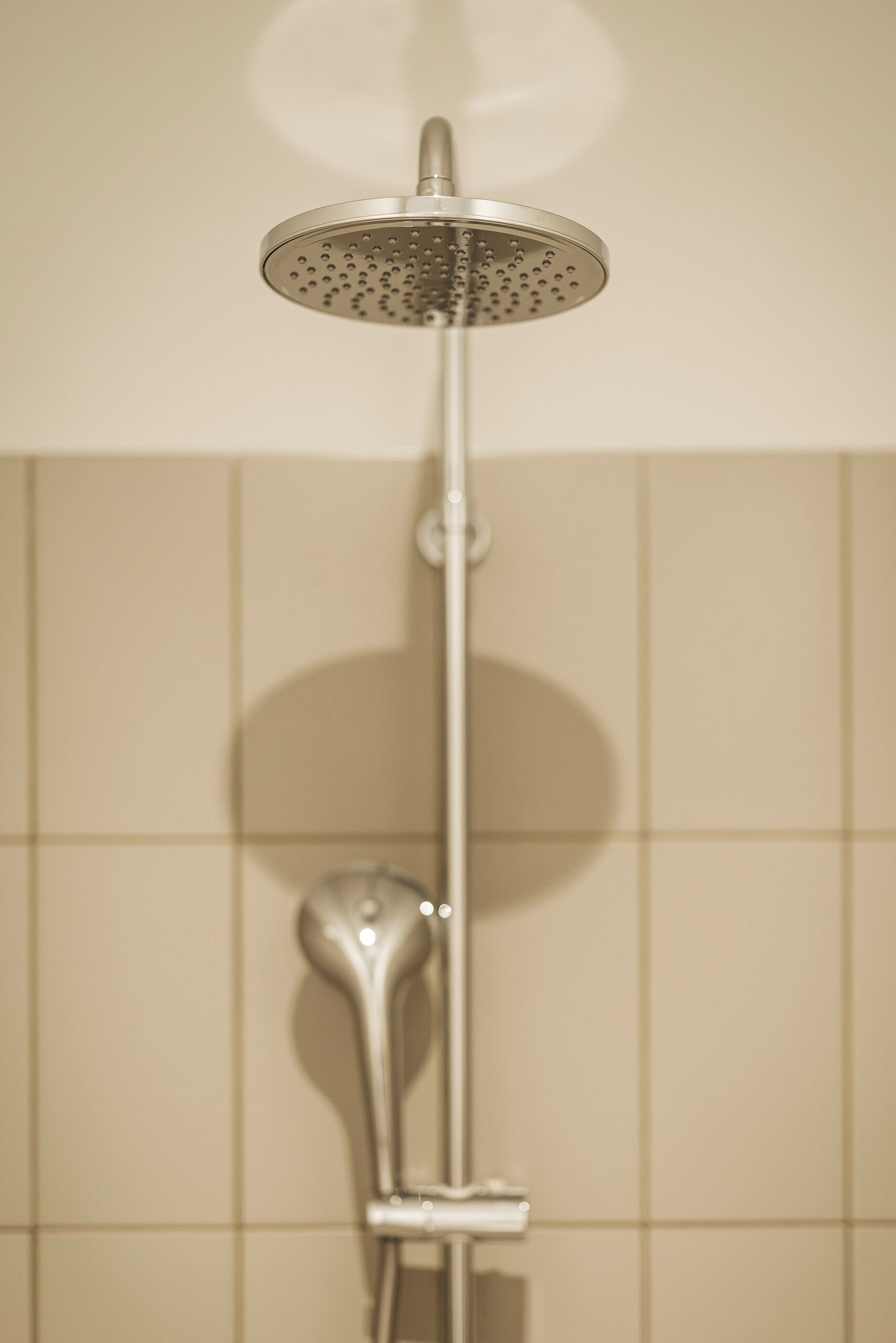 A showerhead with a circular spray head and a handheld shower attachment.