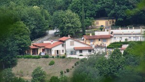 A residential area with houses having red-tiled roofs, surrounded by dense greenery.