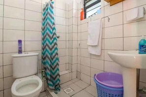 Une petite salle de bain avec des toilettes, une douche et un lavabo.