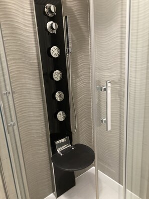 Shower, hair dryer, bidet, towels