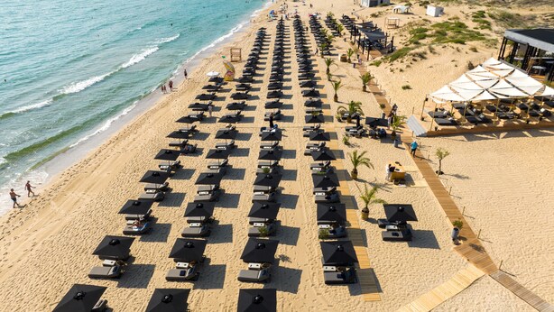 Vista aérea de una playa con filas de tumbonas y sombrillas, un paseo de madera y algunas personas caminando.