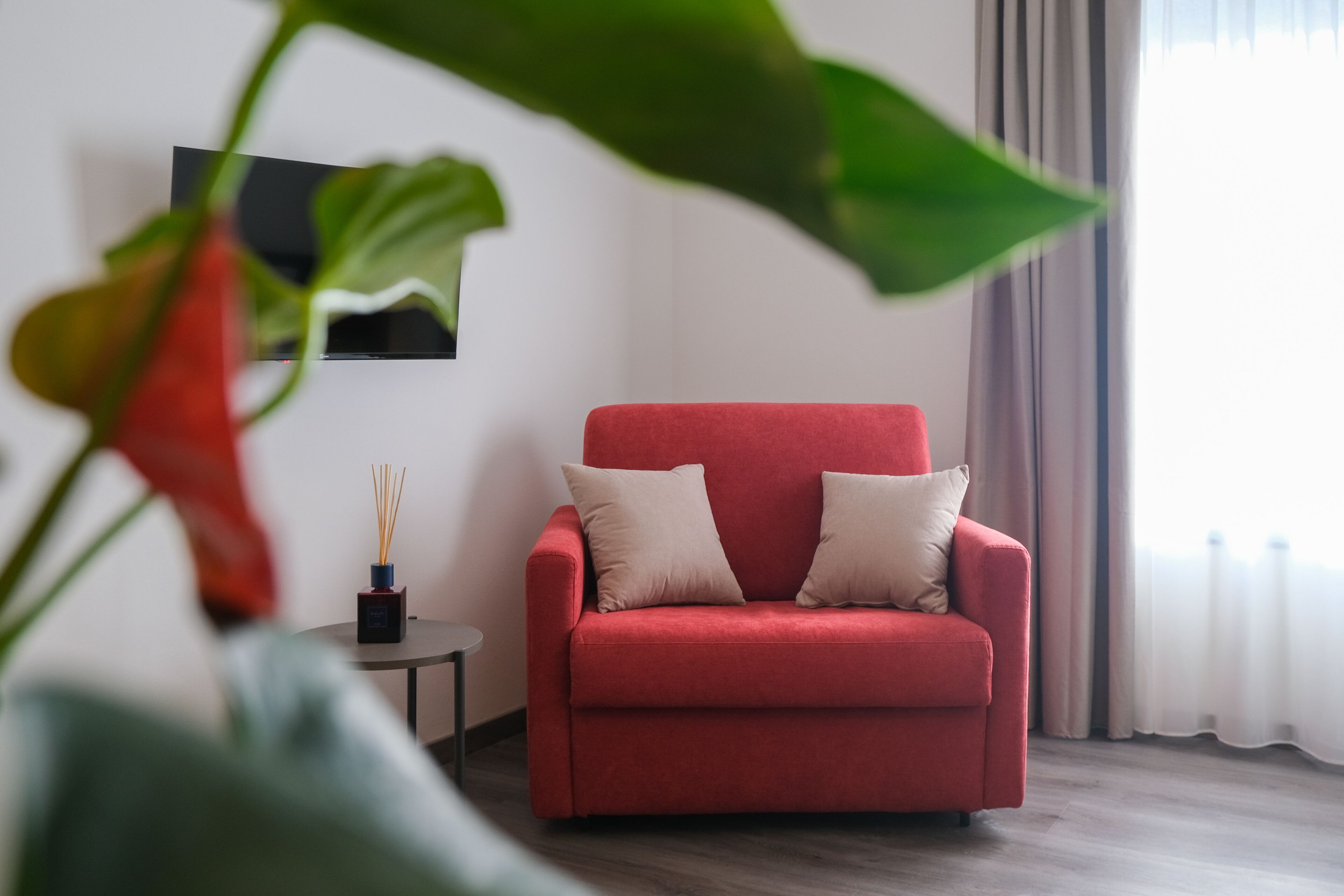 A red armchair with two cushions, a small table with a vase of reed sticks, and a large green plant in the foreground.