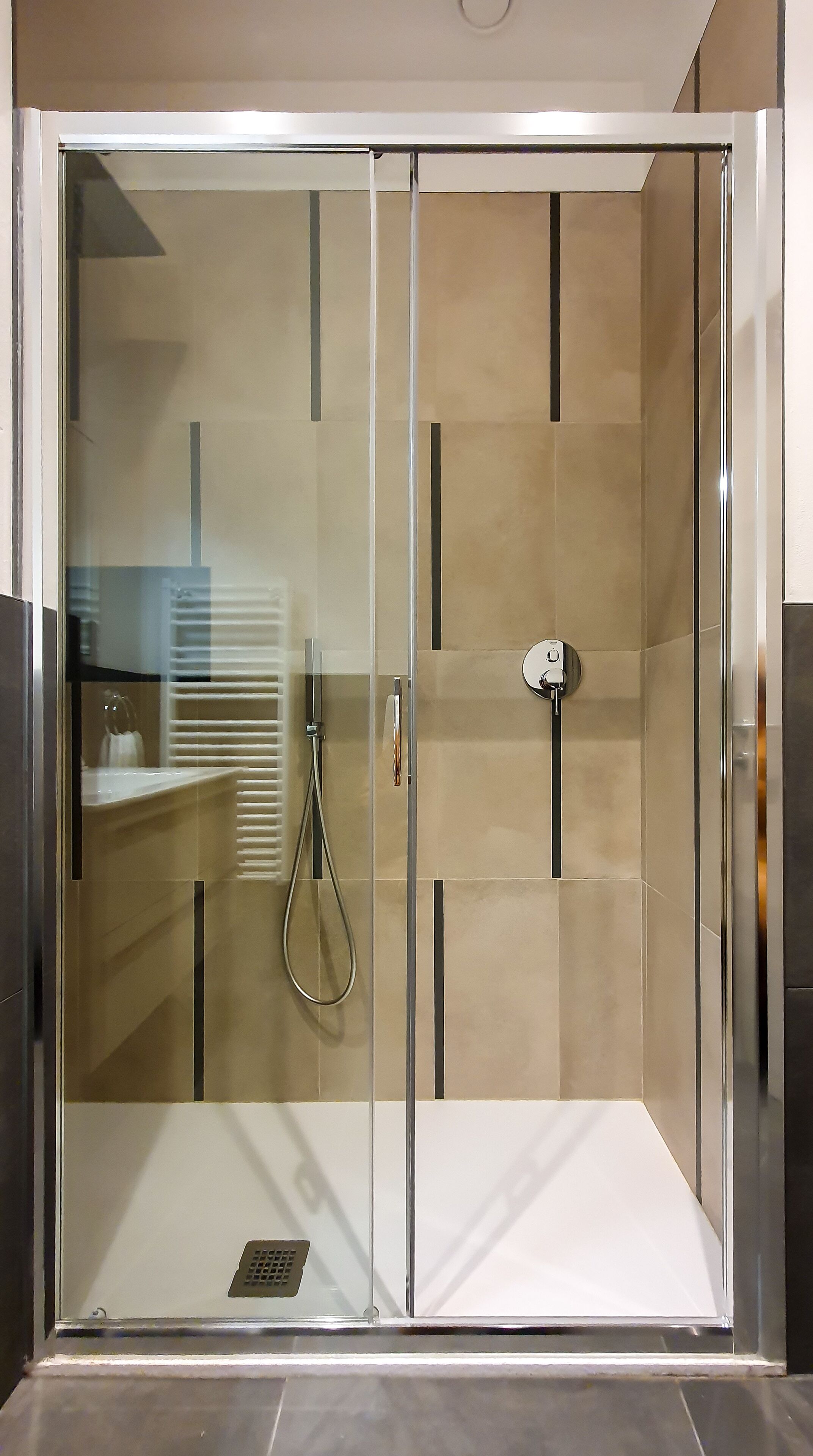 A modern shower enclosure with a glass door, a handheld showerhead, and a control knob.