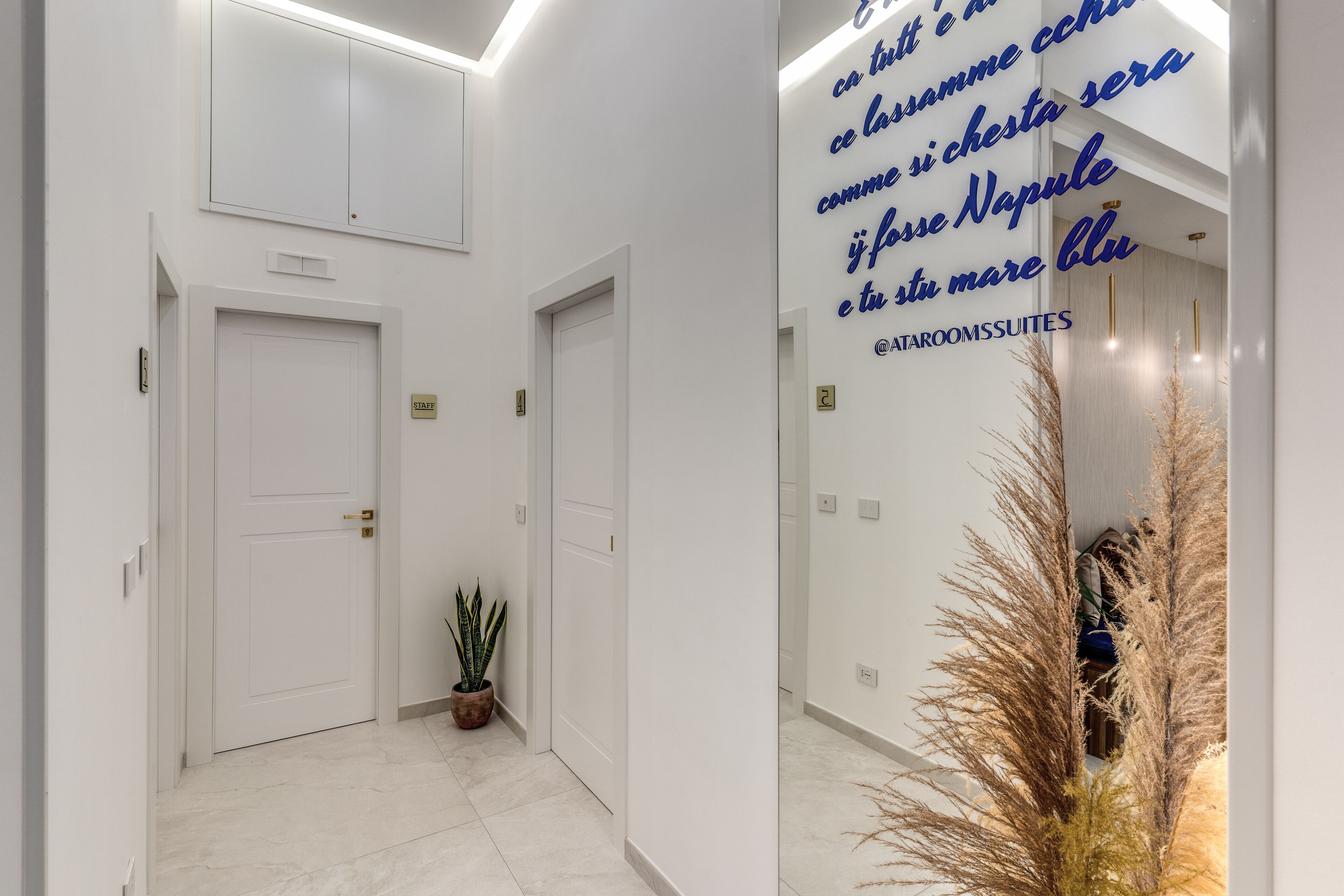 Um corredor com paredes brancas, um vaso de planta e uma composição decorativa de plantas.
