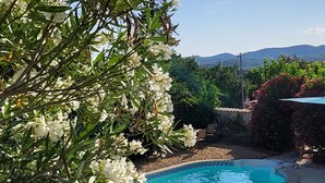 Una piscina rodeada de escalones de piedra y flores blancas, bajo un cielo azul despejado y montañas a lo lejos.
