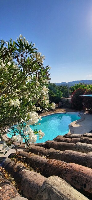 A swimming pool surrounded by stone steps and white flowers, with a clear blue sky and distant mountains. - Les Parfums du Midi (Saint-Victor-de-Malcap)