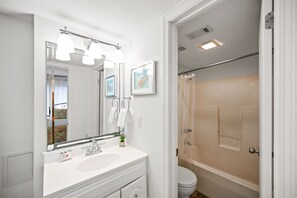 Hair dryer, towels, soap, toilet paper