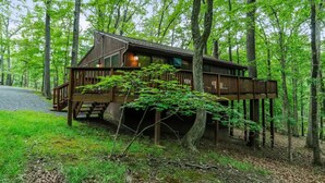 A cabin with a deck, surrounded by trees. - Rustic Retreat (Hedgesville)