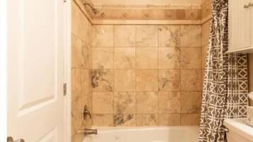 Hair dryer, towels, soap, shampoo