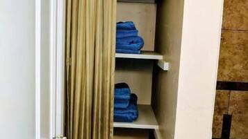 Hair dryer, towels, soap, shampoo