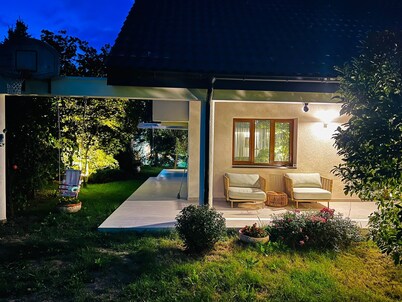 Charming 4-bedroom villa-generous garden-inviting swimming pool-hot tub-sauna. 